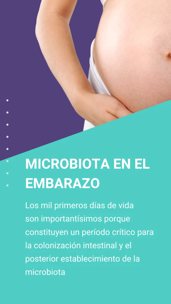 Mujer embarazada con el texto: los mil primeros días de vida son un periodo crítico para la colonización intestinal