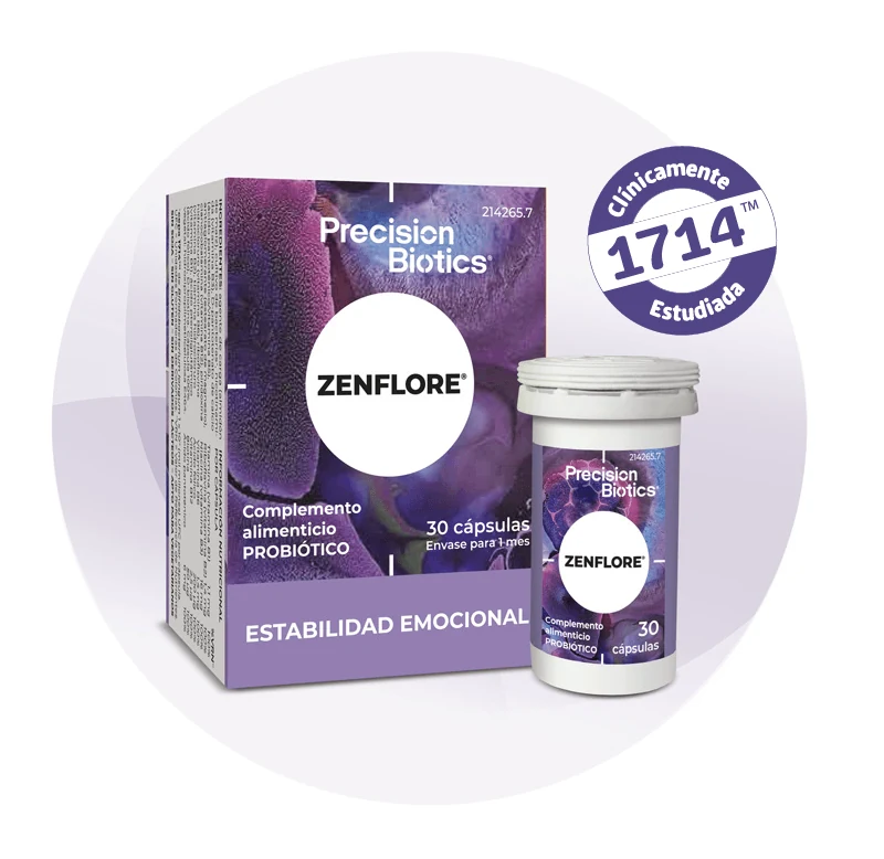 Envase de Zenflore, complemento alimenticio probiótico de 30 cápsulas, junto a su bote