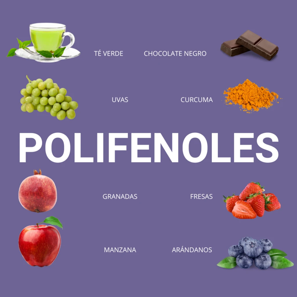 Polifenoles: té verde, chocolate negro, uvas, cúrcuma, granadas, fresas, manzana y arándanos
