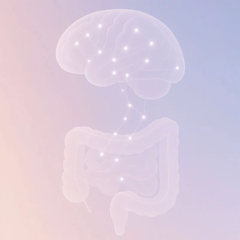 Ilustración de un cerebro conectado al intestino mediante una línea luminosa que representa el eje intestino-cerebro