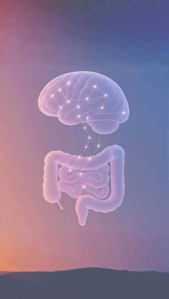 Ilustración del cerebro y el intestino unidos por una línea de luz: el eje intestino-cerebro