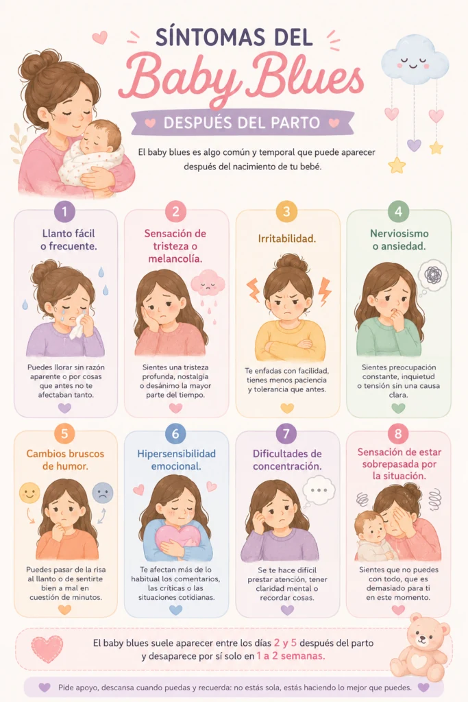 Infografía de los síntomas del baby blues después del parto: llanto fácil, tristeza, irritabilidad, nerviosismo, cambios de humor, hipersensibilidad, dificultad para concentrarse y sensación de estar sobrepasada